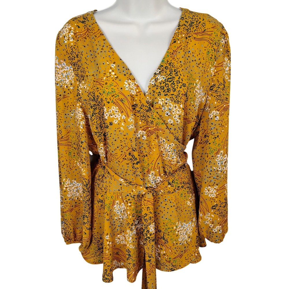 Loft Mustard Yellow Floral Wrap Blouse XL Long Sleeve V-Neck Tie Waist Top